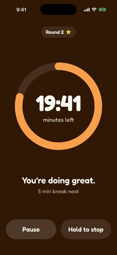Focus timer counting down a 25-minute round